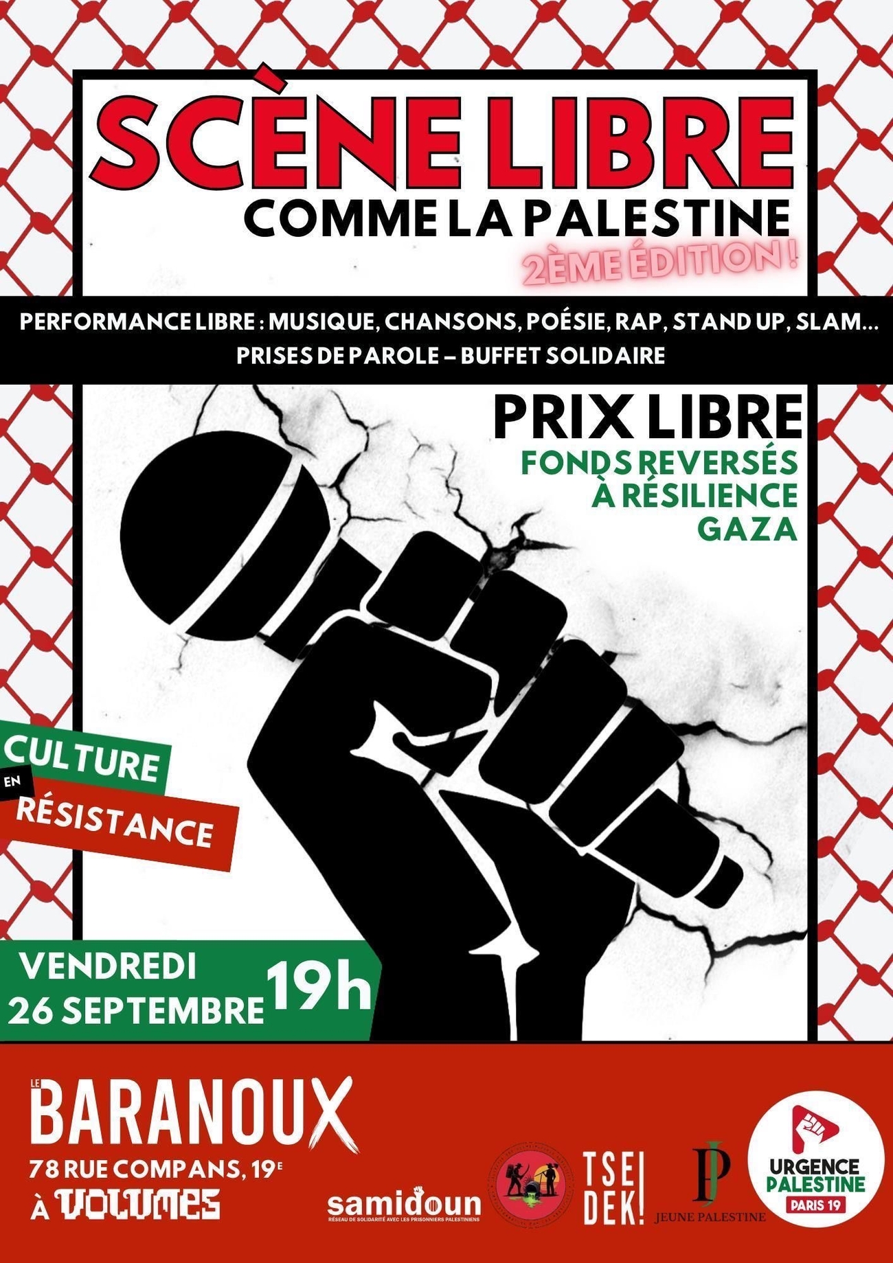 Paris (75) : Culture en résistance : scène libre comme la Palestine, 2ème édition